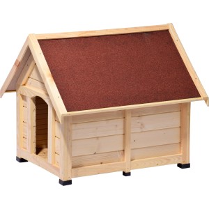 Große, unbehandelte Kiefernholz Hundehütte mit rotem Bitumendach.