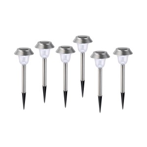 6er Set LED Solarspieße aus Edelstahl für Garten & Wegbeleuchtung.