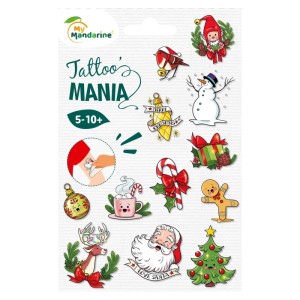 Bunter Bogen My Mandarine Tattoo'Mania mit 12 Weihnachtstattoos für Kinder: Schneemann, Weihnachtsmann, Baum, Elf, Rentier.