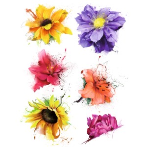 Wandtattoo mit Blumen in Gelb, Lila und Rosa, 65x85cm. Dekorativer Wandaufkleber für Wohnraum.