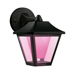 Schwarze WiZ Classic Außenwandleuchte mit pinkfarbenem Licht, smarte Gartenbeleuchtung.