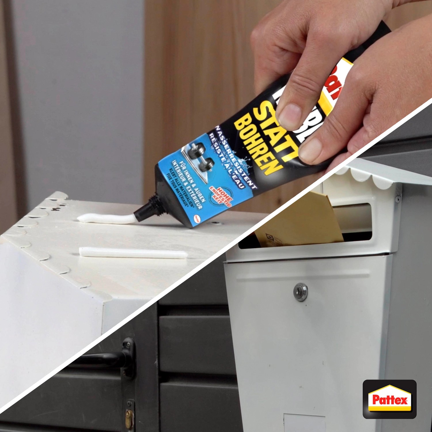 Pattex Montagekleber wasserresistent in Anwendung auf Oberflächen und einem Briefkasten.