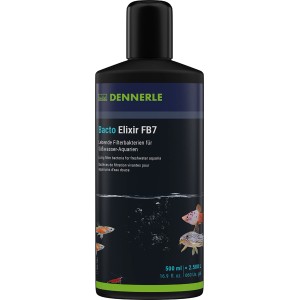 Schwarze Flasche Dennerle Bacto Elixier FB7 Klarwasser-Filterbakterien 500 ml für Süßwasser-Aquarien, mit Fischen auf dem Etikett.