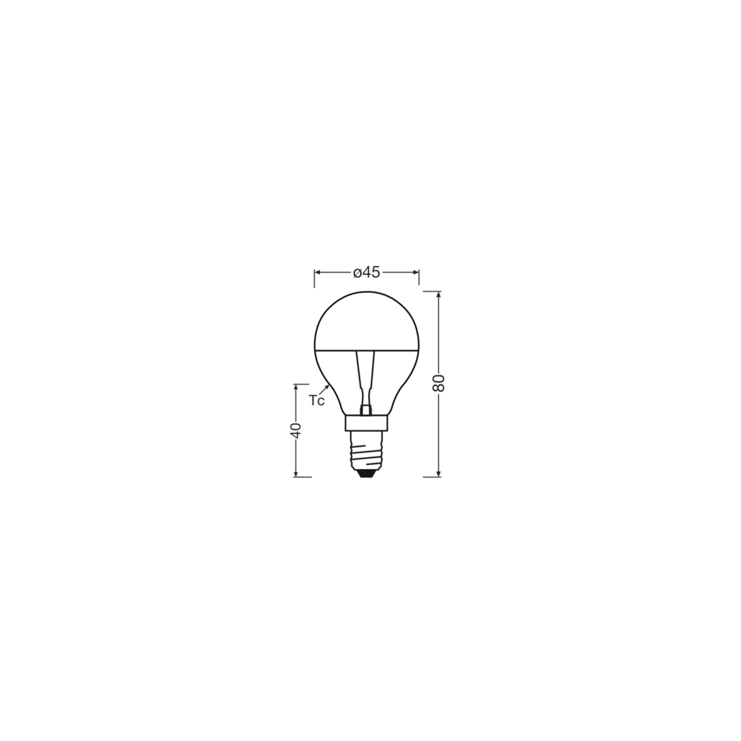 Technische Zeichnung: Dimmbares Osram E14 LED Leuchtmittel P35 in Tropfenform, warmweiß, mit Maßen ø45x80mm.