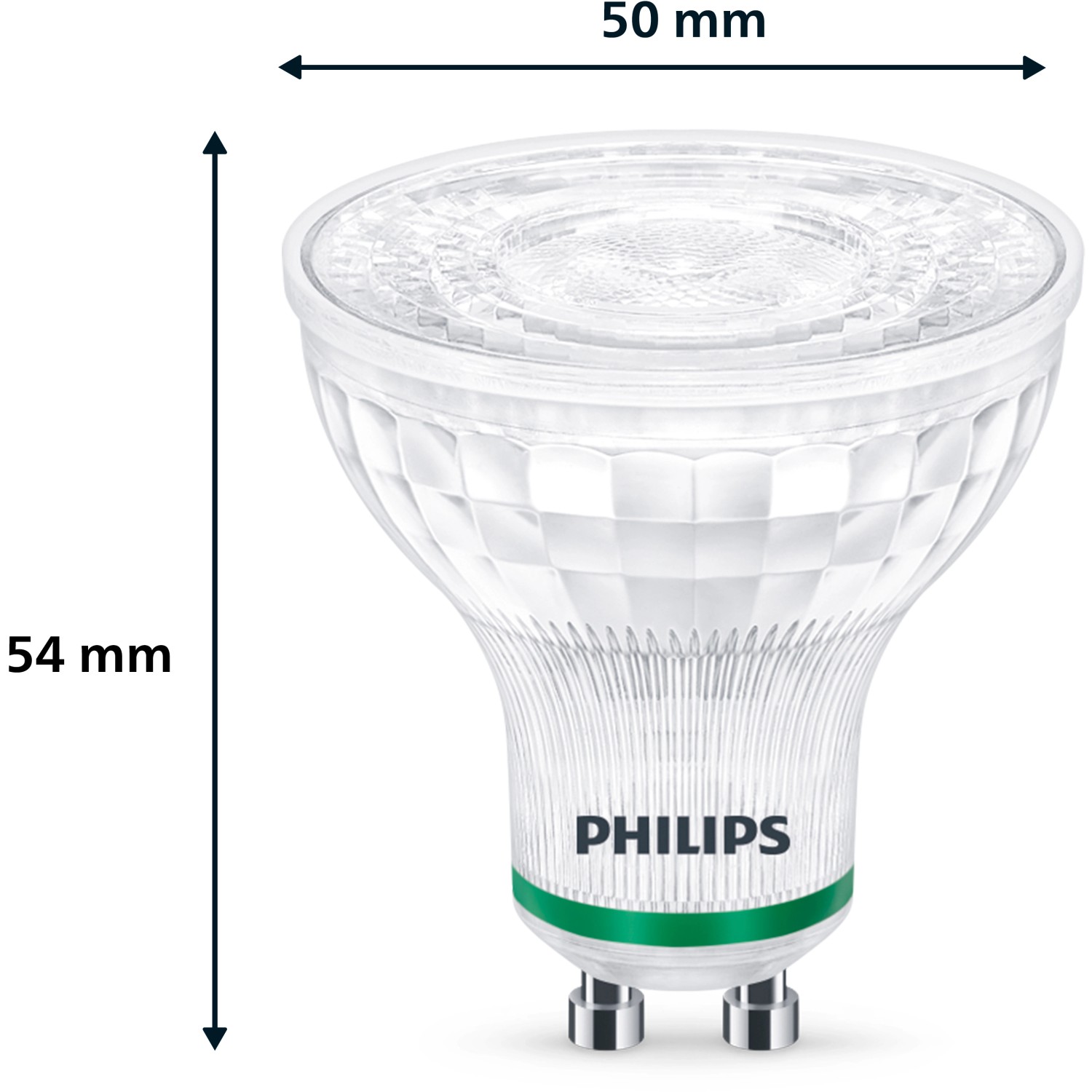 Philips GU10 LED Leuchtmittel, 2,4 W, warmweiß, mit Maßangaben (50x54mm).