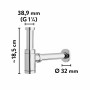 Detailaufnahme Siphon für baliv Handwaschbecken-Set, Chromoptik, mit Maßangaben.