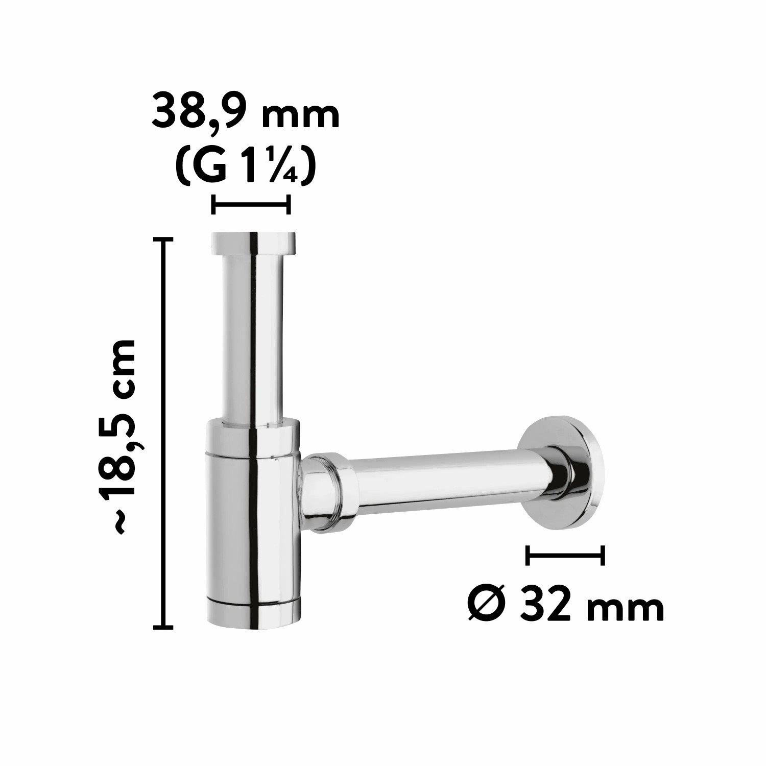 Detailaufnahme Siphon für baliv Handwaschbecken-Set, Chromoptik, mit Maßangaben.
