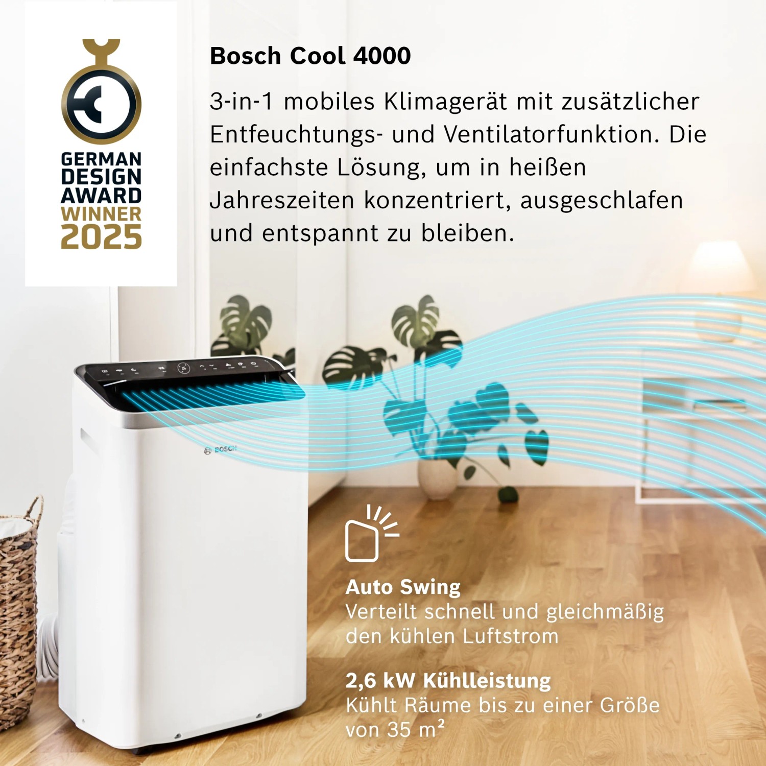 Weißes Bosch Cool 4000 Klimagerät für Räume bis 35 m² im Wohnraum.
