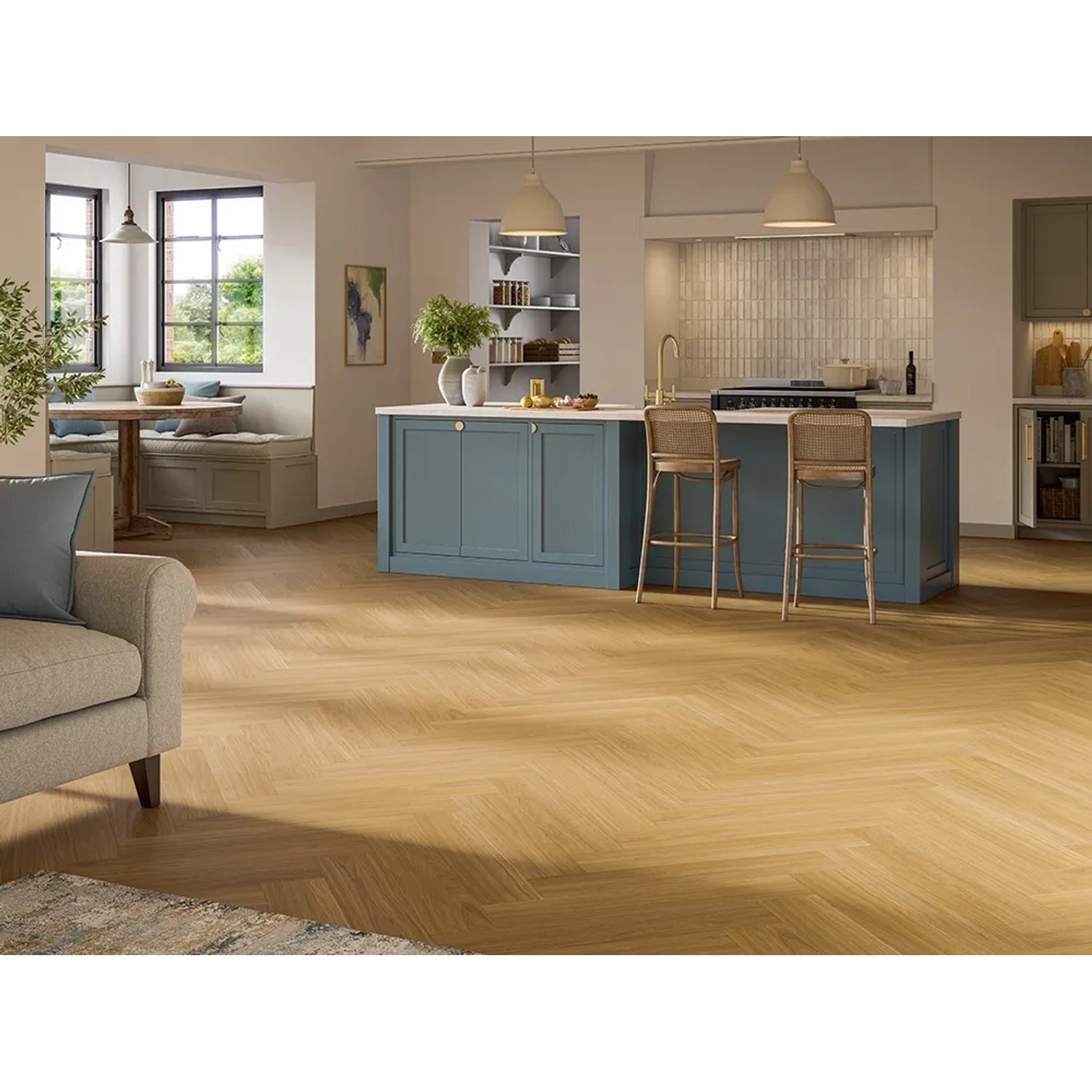 Verlegtes Parador Vinyl Trendtime 3 SPC Oxford Eiche Karamellbraun in Küche.