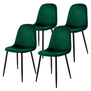 Vier dunkelgrüne Esszimmerstühle mit Samtbezug und Rautensteppung, schwarzen Metallbeinen, modernes Design.