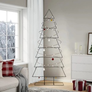 Moderner schwarzer Metall-Weihnachtsbaum 210 cm, dekoriert mit Lichtern & Kugeln. Ideal für DIY-Deko.