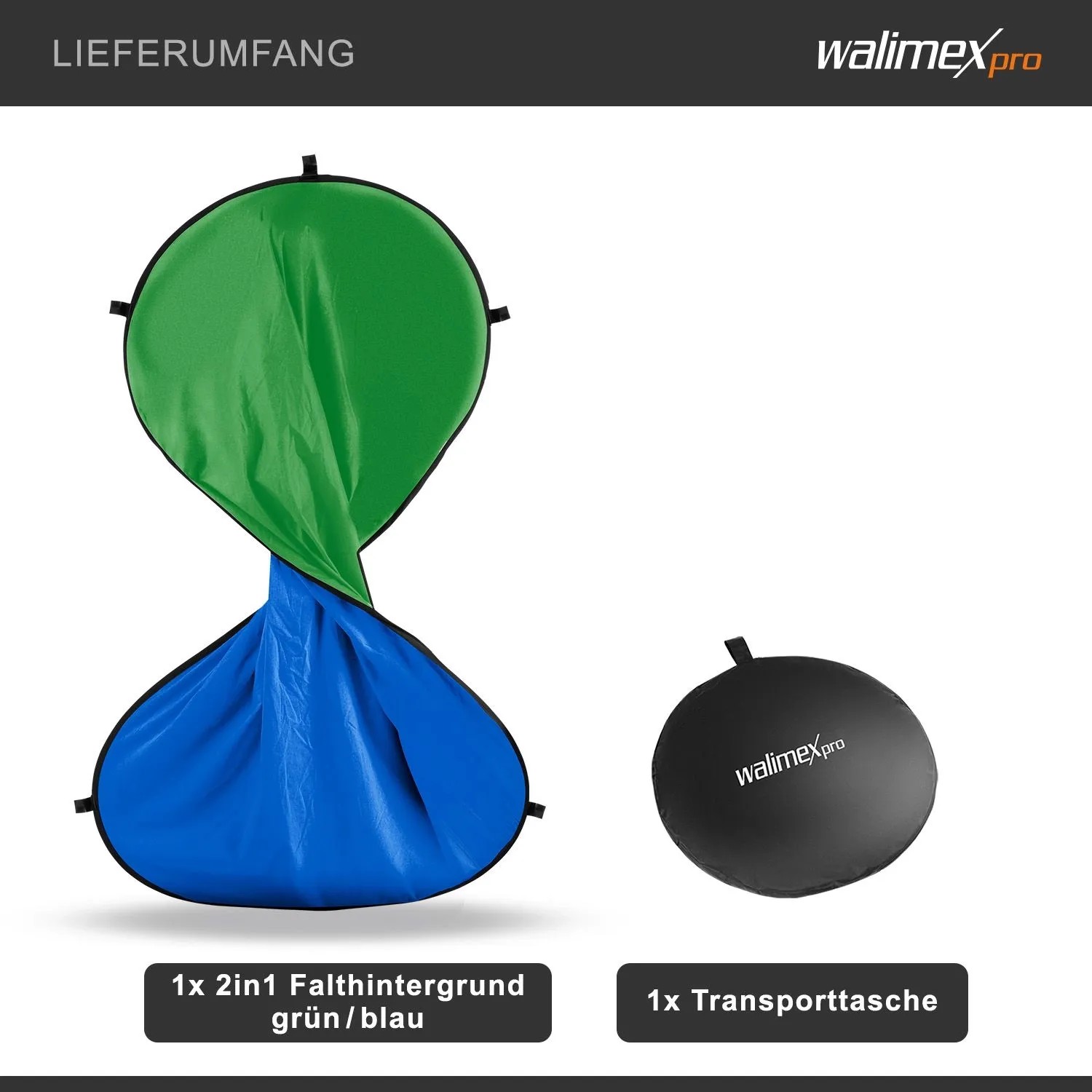 Walimex Pro 2in1 Falthintergrund grün/blau 150x210cm mit Transporttasche für Studioaufnahmen.