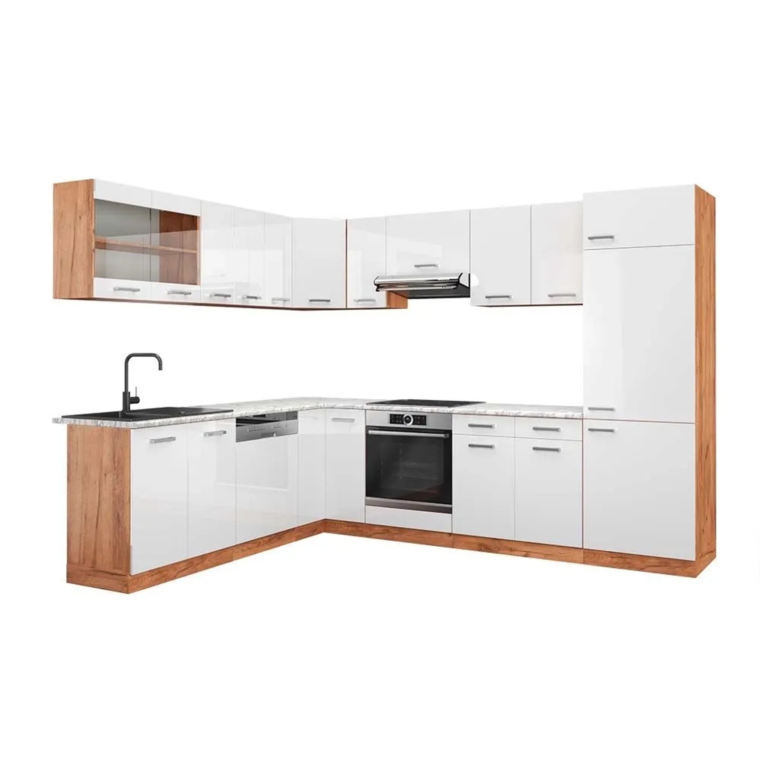 Vicco Eckküche R-Line Weiß Hochglanz/Goldkraft Eiche 287 x 82, AP Marmor