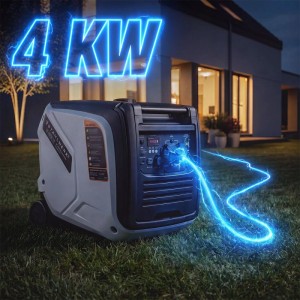 STAHLWERK Inverter Stromgenerator 4 kW auf Rasen vor Haus. Blauer Blitz zeigt Stromversorgung für Notstrom.