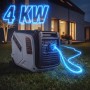 STAHLWERK Inverter Stromgenerator 4 kW auf Rasen vor Haus. Blauer Blitz zeigt Stromversorgung für Notstrom.