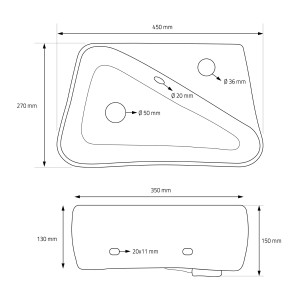 Skizze: Weißes, eckiges ML-Design Handwaschbecken aus Keramik mit Maßangaben.