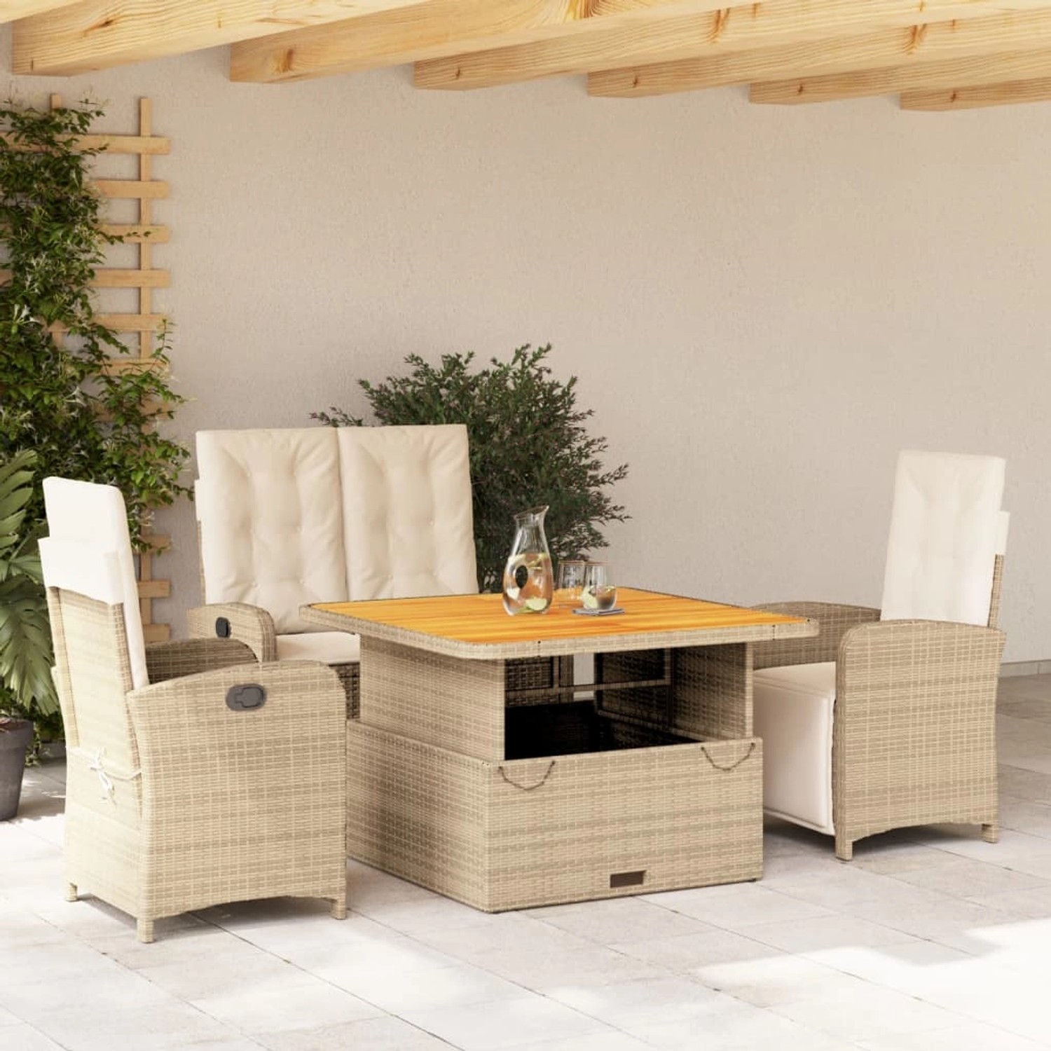 Beige 4-tlg. vidaXL Garten-Essgruppe aus Polyrattan mit Kissen. Gartenmöbel-Set mit verstellbarem Tisch.