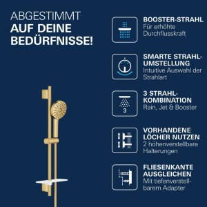 Grohe Vitalio Joy+ 120 Brausestangenset in Gold mit Handbrause, 600mm Stange und Ablage. 3 Strahlarten, einfache Montage.