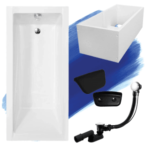 Weiße Acryl-Rechteck-Badewanne MODERN 170x70 im Set mit Wannenträger, schwarzer Kopfstütze KODI und komplettem Ablaufset für Ihr Bad.