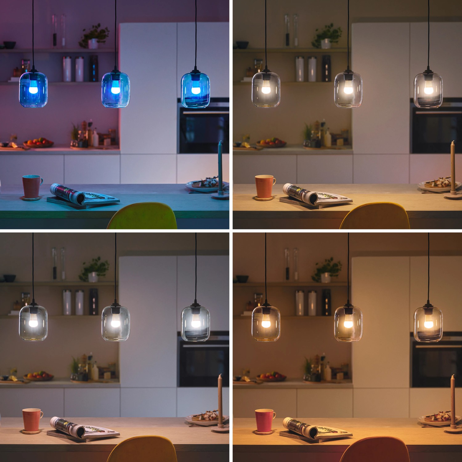 Philips Smart LED Lampe E27 in verschiedenen Farben und Weißtönen in Wohnraum-Szene.