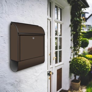 Design Briefkasten, schokobraun, mit Zeitungsfach, pulverbeschichteter Stahl, 39x47x14cm.