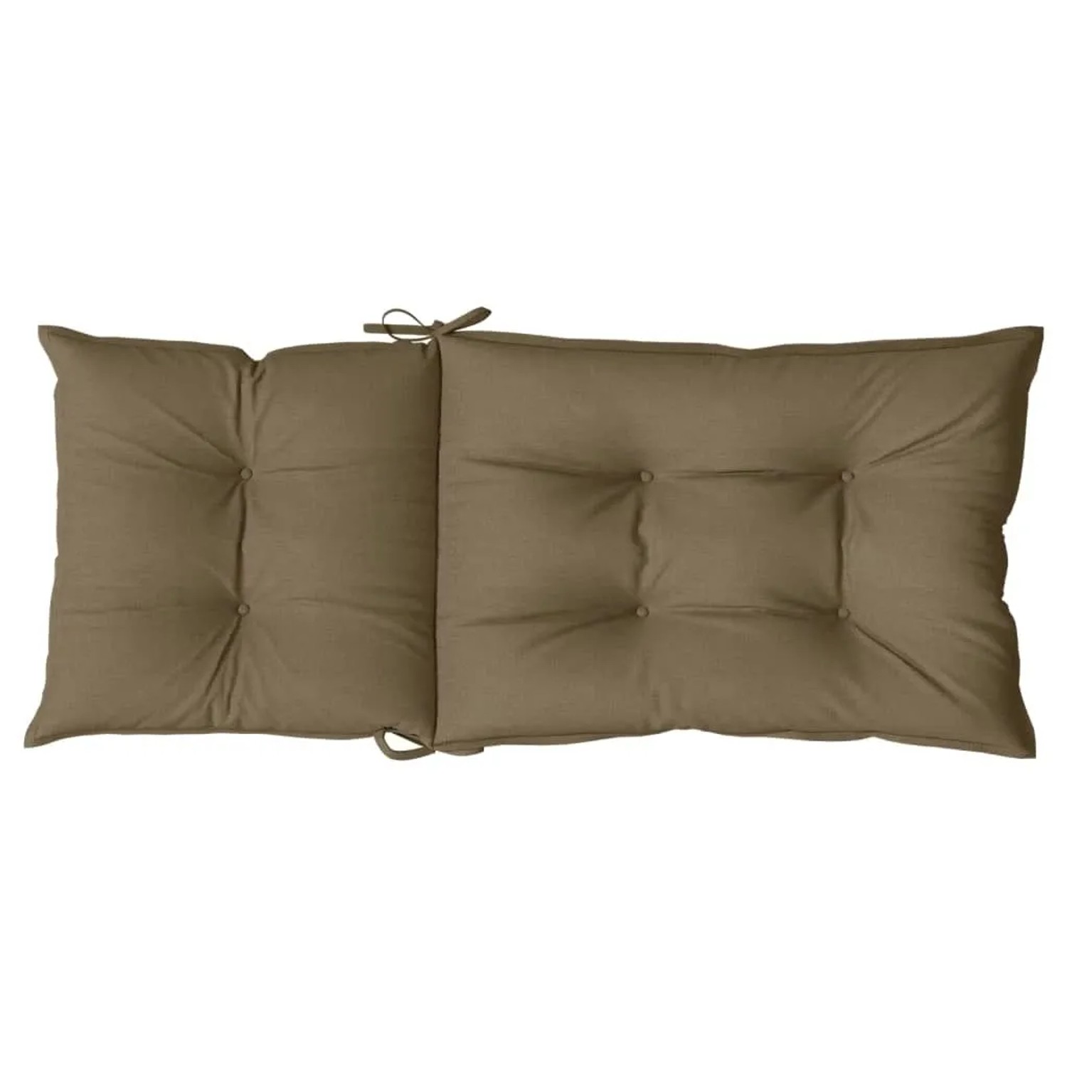 Zwei melange taupe Hochlehner-Auflagen aus Stoff mit Steppung und Bindebändern für Gartenstühle. Komfortable Sitzkissen.