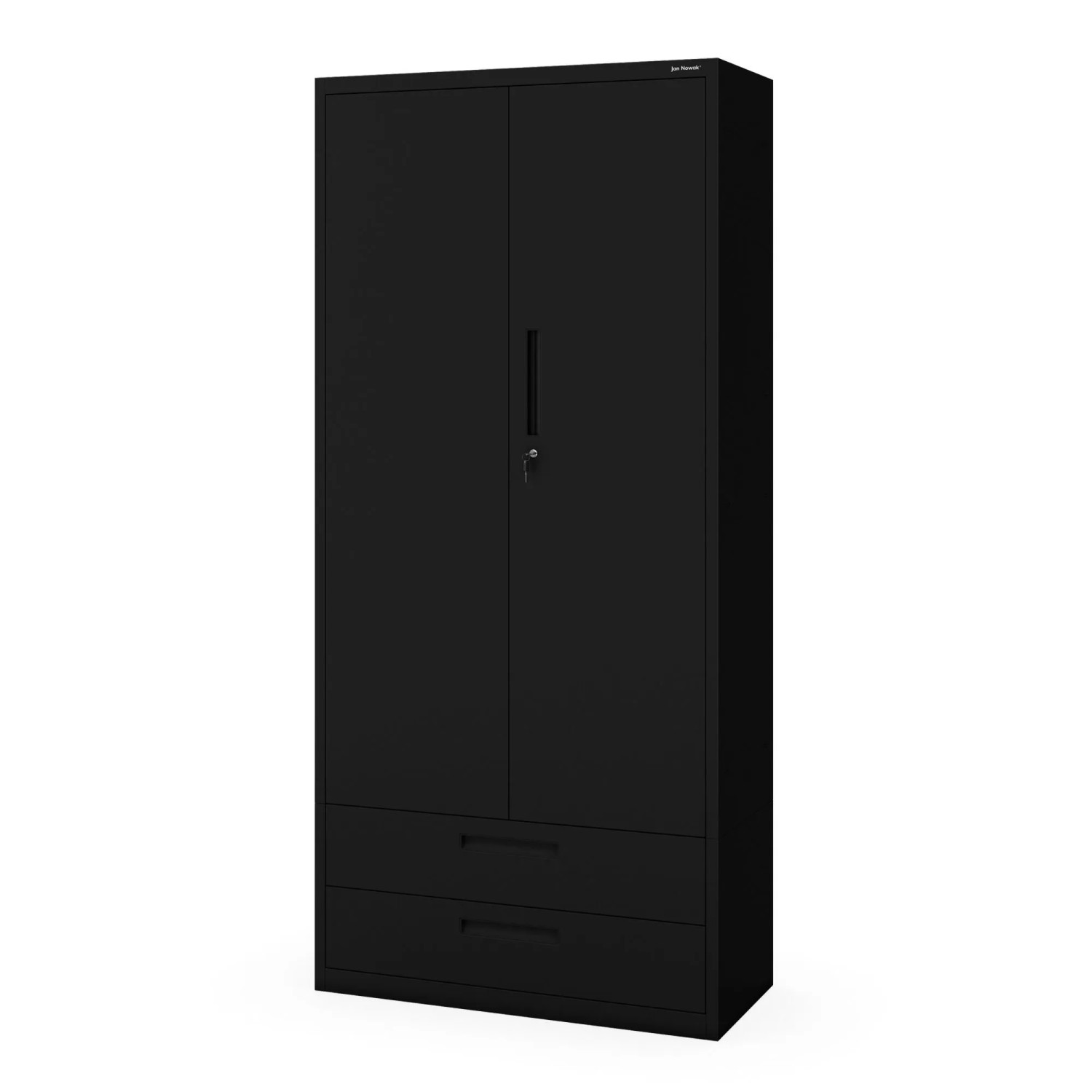 JAN NOWAK Hoher Metall-Büroschrank mit Doppelschublade MEGAN Schwarz 195 x90 x40 cm