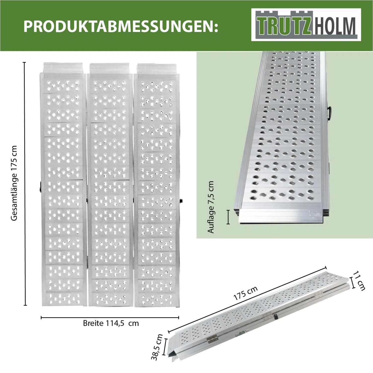 DREIBREIT TRUTZHOLM Alu Auffahrrampe, 3-fach klappbar, 175cm, Tragkraft 1020kg, Zubehör für Autoanhänger.