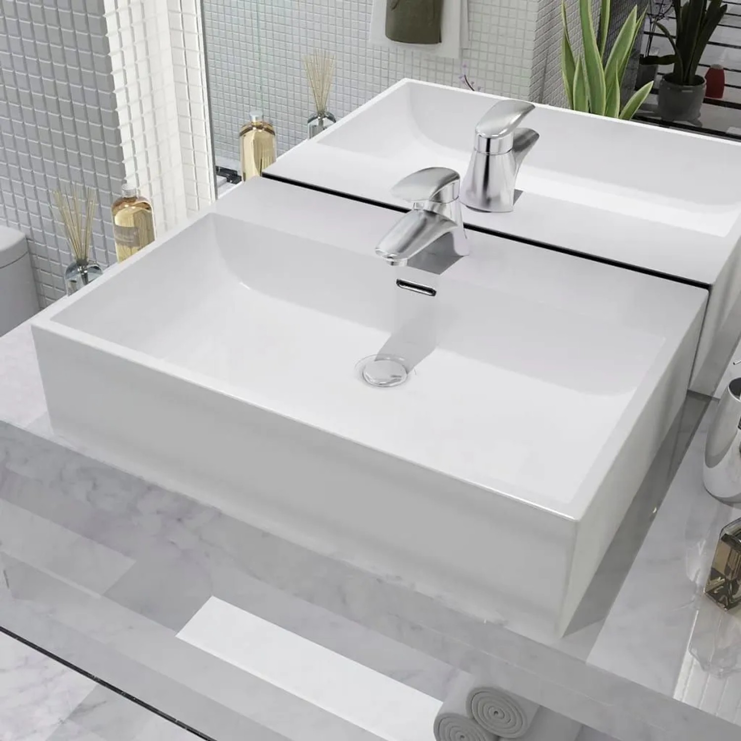 vidaXL Waschbecken mit Hahnloch Keramik Weiß 60,5x42,5x14,5 cm 142347_2
