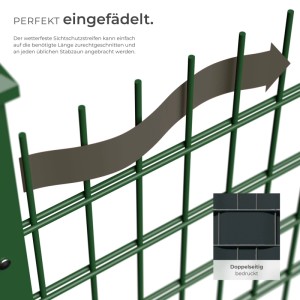Anthrazit Sichtschutzstreifen für Doppelstabmattenzaun, eingefädelt in grünen Zaun.