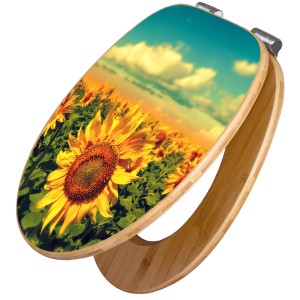 Banjado WC-Sitz aus Bambus mit Sonnenblumen-Motiv und Absenkautomatik.