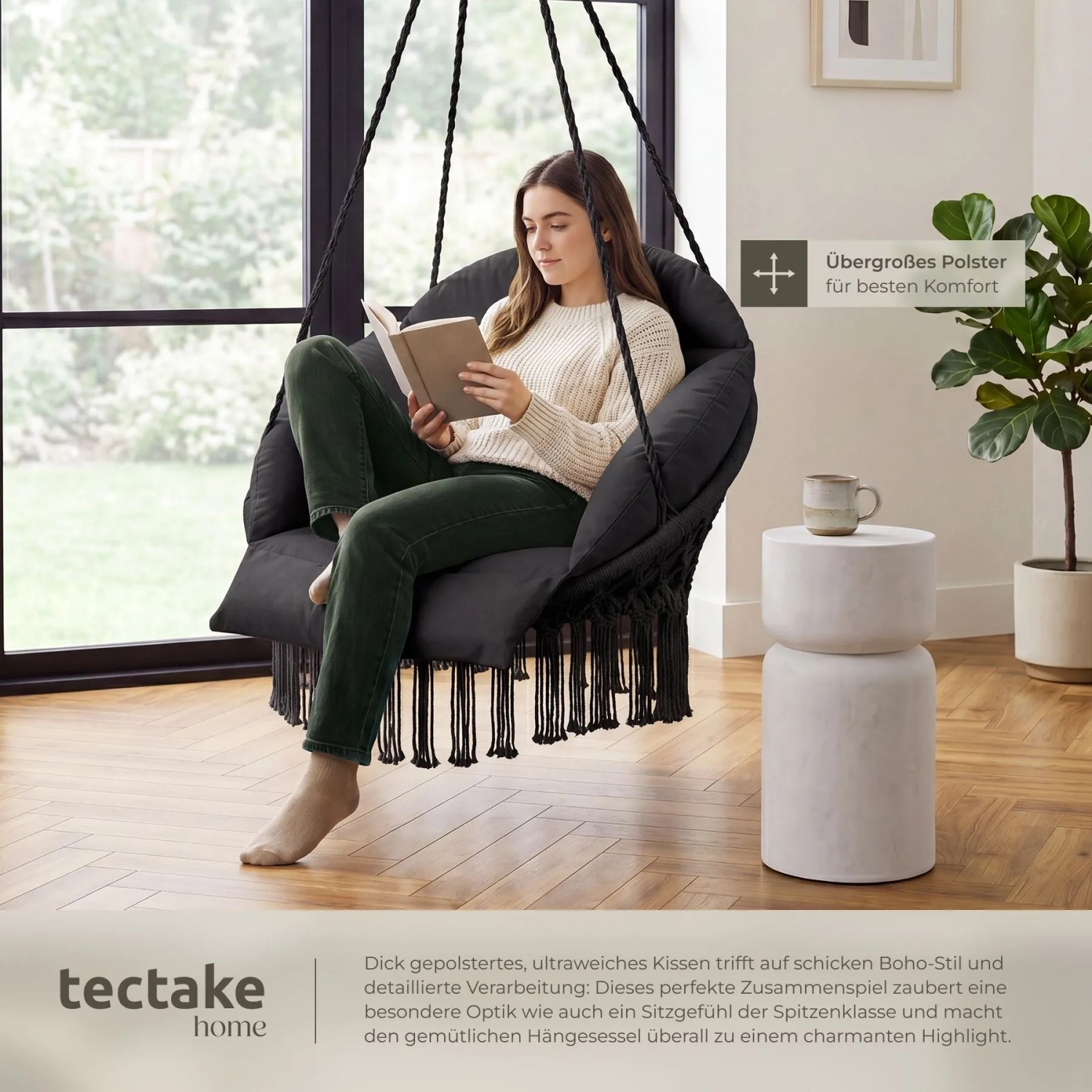 Tectake Hängesessel Samira Mit Dickem Sitzkissen Stabile Halteseile 81 x 80 x 139 cm Schwarz_5