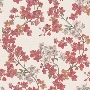 PROFHOME Vliestapete mit floralem Muster in Beige, Rot, Grün und Lachs-Orange.