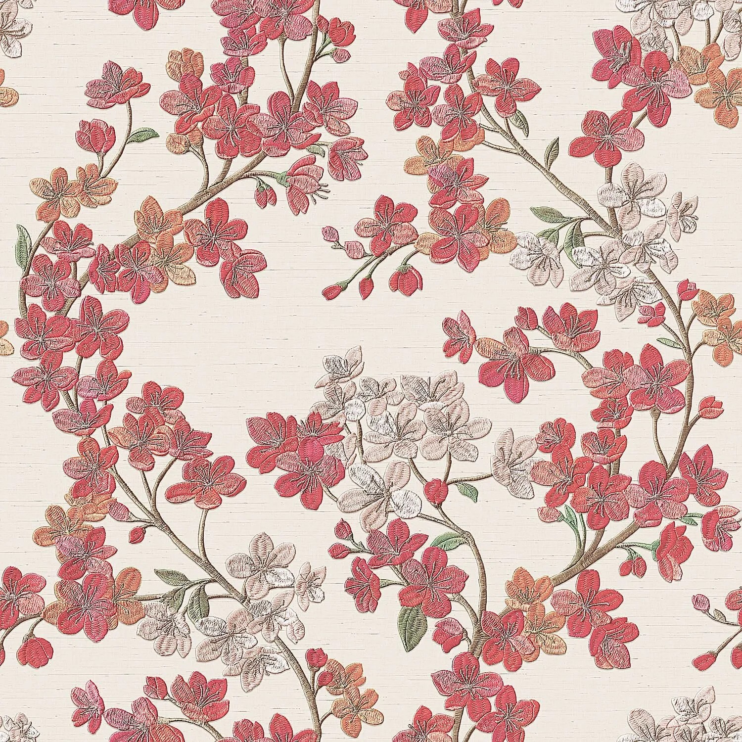 PROFHOME Gr322203-Di Blumen Tapete Floral Beige Rot Grün Lachs-Orange 0,53 m x 10,05 m  5,33 m2