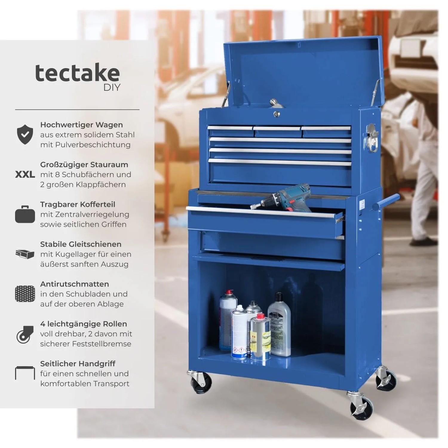 Tectake Werkzeugwagen  8 Kugelgelagerte Schubladen Mit Antirutschmatten Belastbarkeit 150 kg  69 x 33 x 110 cm Blau_2