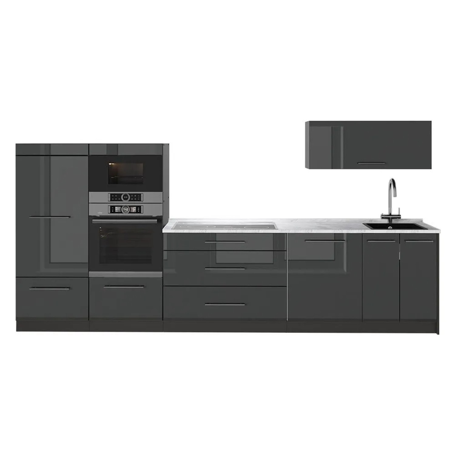 Vicco Küchenzeile Fame-Line Anthrazit Hochglanz/Anthrazit 340 x 154 AP Marmor Art Nr 64478