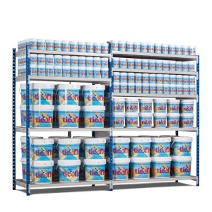 PROREGAL Fachbodenregal Maximus Pro mit Farbeimern auf 4 Ebenen, lichtblau-lichtgrau.