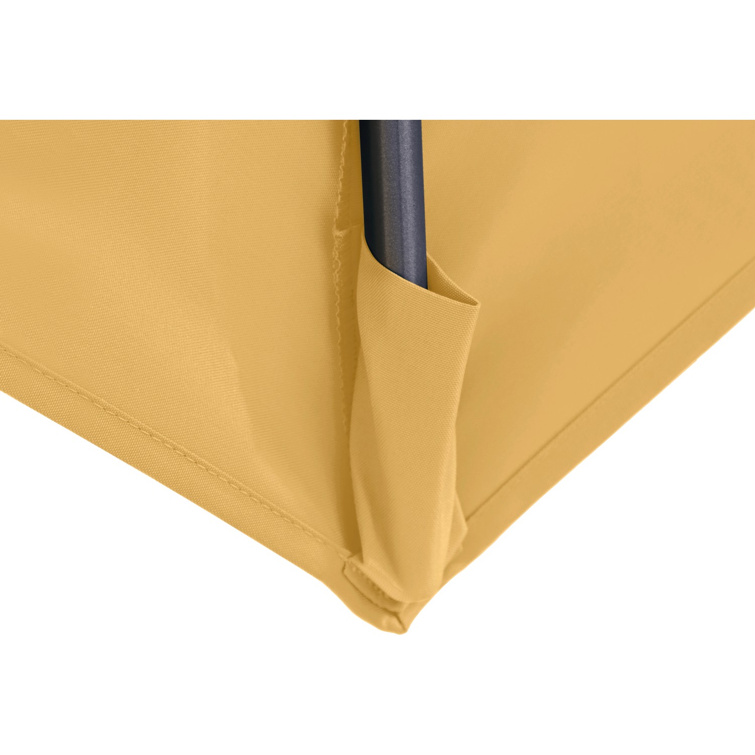 Detailaufnahme: Gelber Marktschirm (Ø 300 cm) mit Kurbelmechanik und Mastbefestigung.