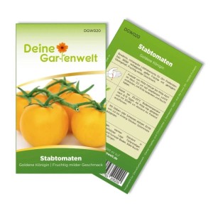 Samenpackung Stabtomate Goldene Königin. Gelbe Tomaten auf Stiel, Vorder- und Rückseite des Päckchens. Gemüsesamen.