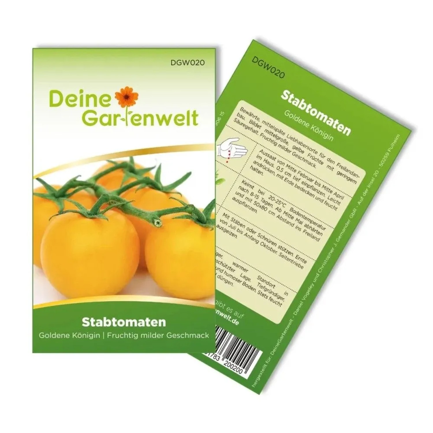 Samenpackung Stabtomate Goldene Königin. Gelbe Tomaten auf Stiel, Vorder- und Rückseite des Päckchens. Gemüsesamen.
