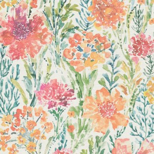 PROFHOME Vliestapete mit Aquarell-Blumenmuster in Weiß, Rot, Orange und Grün.