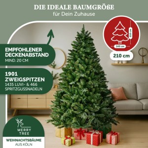 Merry Tree Premium Kunst-Weihnachtsbaum, 210 cm, mit Holzfuß und Geschenkpaketen.