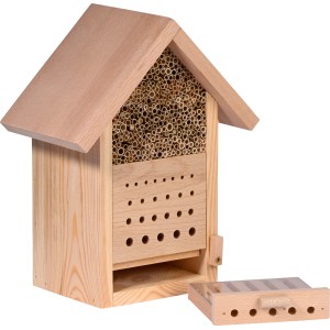 Kleines Insektenhotel aus Kiefernholz mit Nistblock und Beobachtungsschublade.