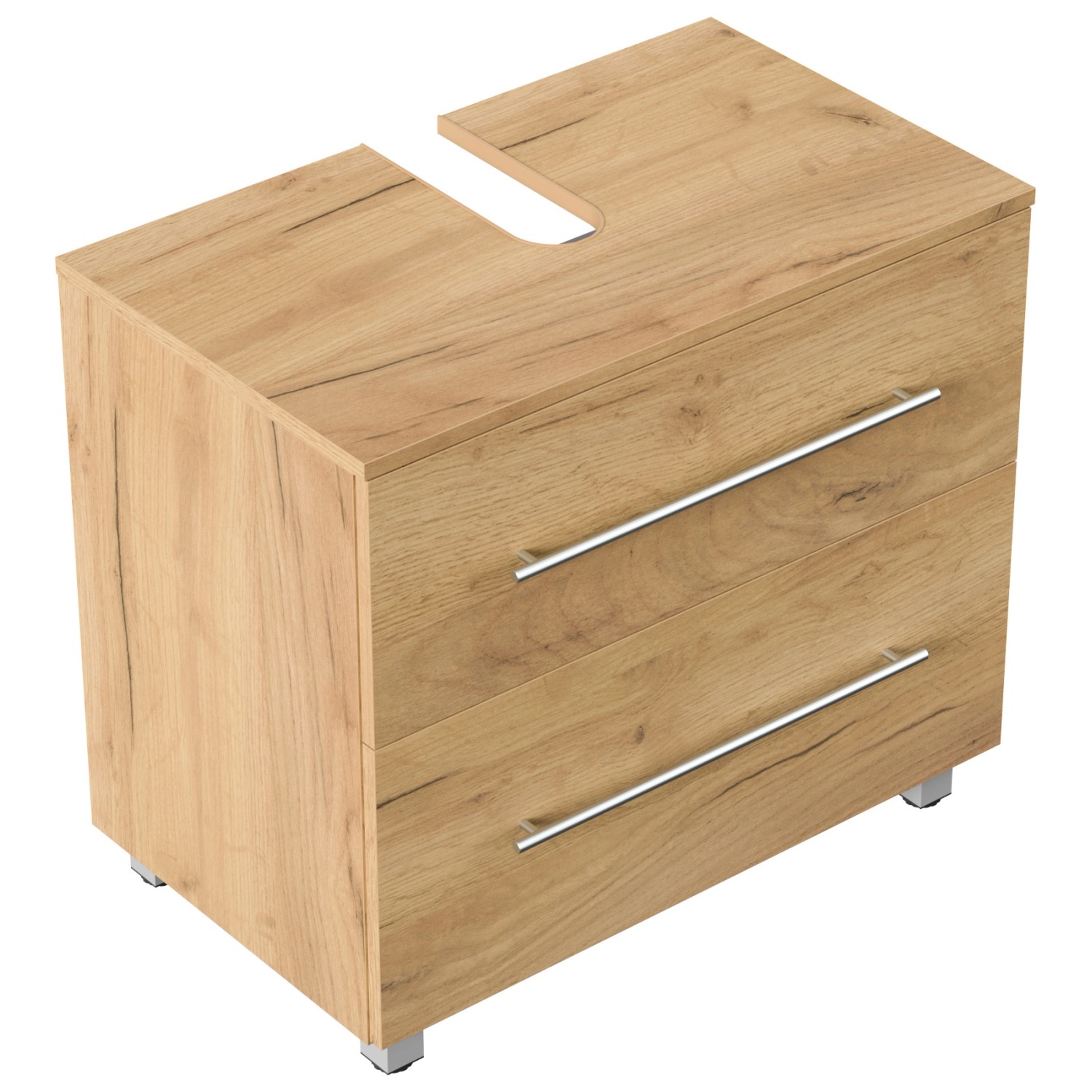 Posseik Waschbeckenunterschrank Mondial, 70 cm, Eiche Gold mit zwei Schubladen und Füßen.