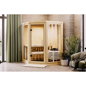 Naturbelassene Karibu Sauna Ebba mit Glaselementen und Ofenschutzgitter im modernen Design.