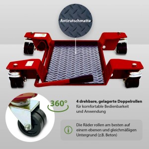 TRUTZHOLM Motorrad Rangierhilfe mit Ständer, rot, mit 360° Rollen und Antirutschmatte.