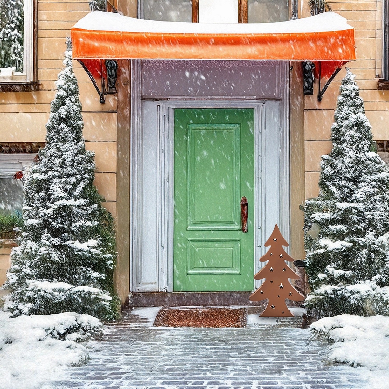 Weihnachtsdeko: Rostfarbener Kobolo Kerzenhalter Laterne CHRISTMAS in XL vor Haustür im Schnee.