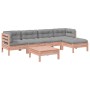 vidaXL 6-tlg. Garten-Sofagarnitur aus Douglasie mit grauen Kissen und Tisch.