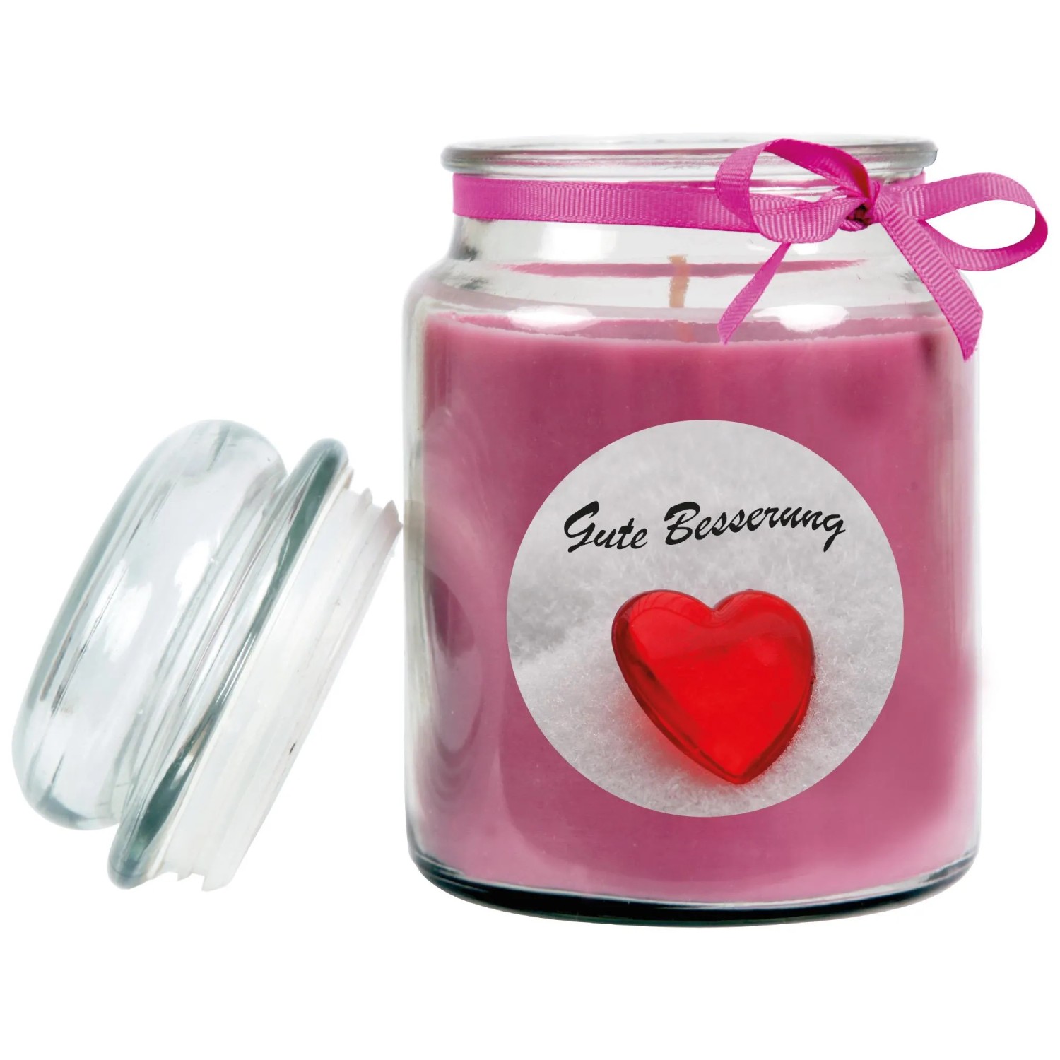 Lila Duftkerze im Glas mit "Gute Besserung" und Herz, ideal als Geschenk.