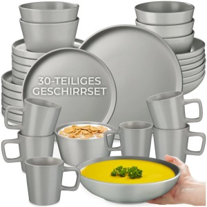 Graues 30-teiliges Kombiservice Una von Tectake im Urban Style. Geschirr-Set mit Tellern, Tassen und Schüsseln.